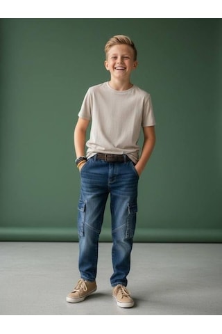 Zekids Erkek Çocuk Kargo Cepli Beli Lastikli Denim Pantolon-16638 Renkli