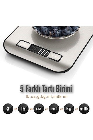 Orret Home Dijital Mutfak Terazisi Paslanmaz Çelik Yüzeyli Hassas Tartı, 5 Kg Kapasiteli, Dara Özellikli, Lcd Ekranlı, 5 Birim Dönüşümlü, Pilli,dijital Tartı Sku: Smg8690010520906 12v