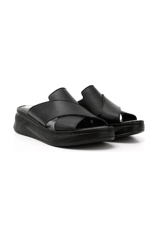 Gönderi(R) Gönderi R Siyah Çapraz Bantlı Dolgu Topuk Hakiki Deri Comfort Terlik Siyah
