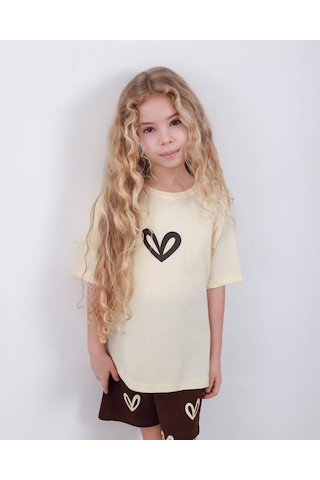 Miniko Kids Kız Çocuk Kalp Modelli Pamul Şortlu Takım Ekru