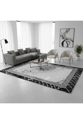 Siyah Gri Mermer Desenli Dijital Baskılı Halı Kaymaz Taban Modern Geometrik Çerçeve Salon Oda Halısı