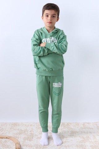 Erkek Çocuk Kapşonlu Eşofman Takımı Smile Baskılı Ribanalı F11 Yeşil
