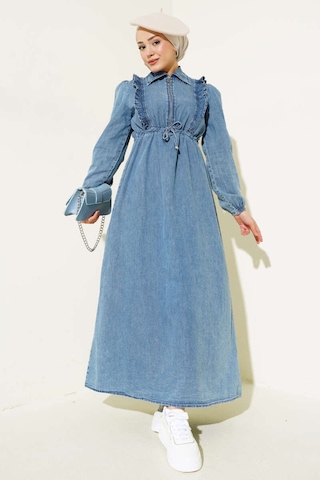 Fırfırlı Fermuarlı Balon Kol Kot Elbise Mavi