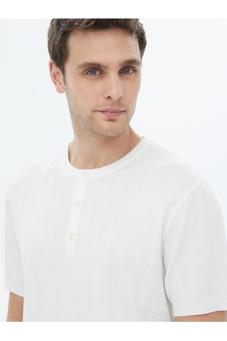 Ekru Hakim Yaka Jakarlı Triko Ekru
