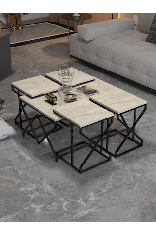 Orta Sehpa Ve Zigon Sehpa V Lüx 5'li Set Traverten Bej