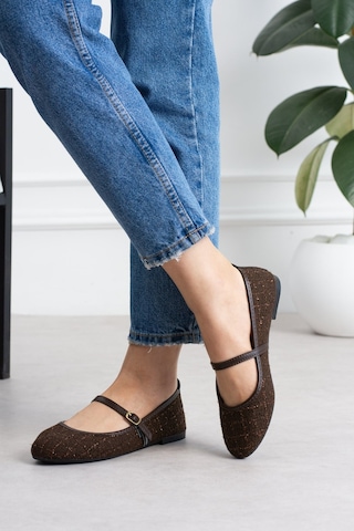 Shoetek Sawra Kadın Babet Önden Bantlı Tokalı Keten Dokumalı Kahverengi Kahve Çizgili