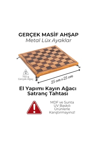 Mc34 Metal Satranç Takımı Gerçek Kayın Ağacı Satranç Tahtası - 25x25cm Antik Metal Taşlar