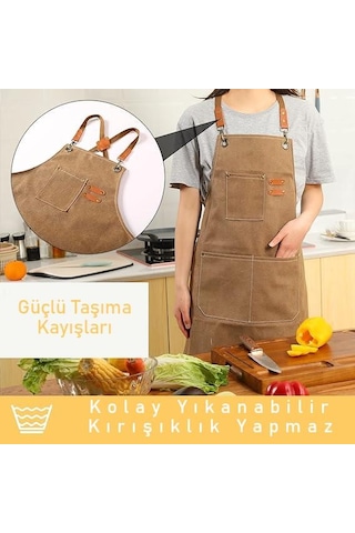 Valkyrie Unisex Kanvas Mutfak Önlüğü Ayarlanabilir Askılı Cepli Barista Garson Servis Önlüğü Kahve Kahverengi