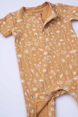 Boumini Kısa Kollu Şort Bebek Tulum Bahar Çiçekli Hardal-hardal Hardal