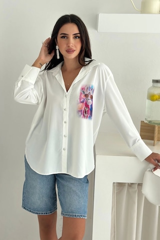 Zürafa Desen Baskılı Taşlı Gömlek Beyaz