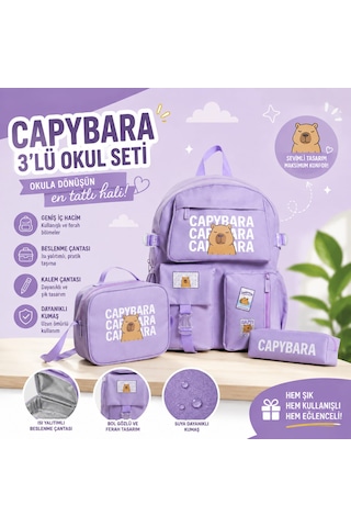 Capybara Desenli 3 Parça İlkokul Ortaokul Çanta Seti Sırt Çantası Beslenme Çantası Kalemlik Lila