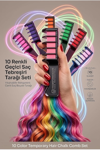 Transformacion 10 Renkli Geçici Saç Tebeşiri Tarağı Seti - Yıkanabilir Rengarenk Canlı Saç Boyası Tarağı Doğ