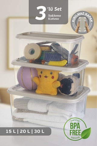3'lü 15-20-30 L Çok Amaçlı Saklama Kabı Seti - Kilitli Kapak Banyo Mutfak Düzenleyici Saklama Kutusu Bej