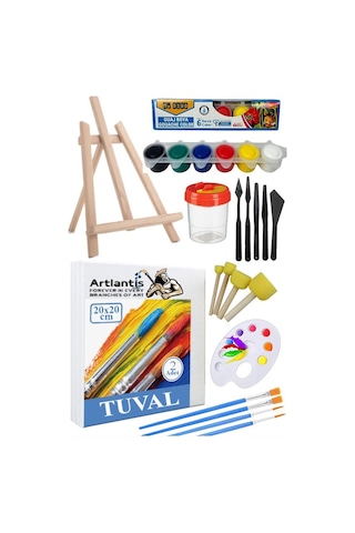 20x20 Tuval Seti 1 Paket Masa Üstü Şövale Mydido Akrilik Boya Plastik Spatula Resim Fırçası Palet Ponpon Sünger Fırça