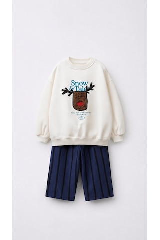 Magu Erkek Çocuk Pamuklu Geyik Aplikeli Sweatshirt Ve Çizgili Eşofman Takımı Çok Renkli
