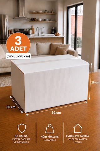 3 Adet Ev Taşıma Kolisi 52x35x28 Cm Bc Dalga Beyaz Koli + 3 Adet Kırılabilir Etiketi Dayanıklı Taşıma Kolisi