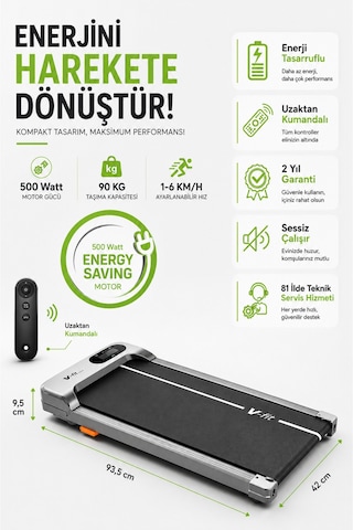 VFİT V-Fit Flat Koşu Bandı 34 x 79 CM Minimal Yürüyüş Bandı Uzaktan Kumandalı & Eğimli