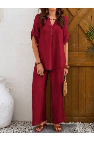 Kadın Kısa Kollu V Hakim Yaka Düğmeli Bürümcük Bluz Ve Pantolon Ikili Takım Bordo