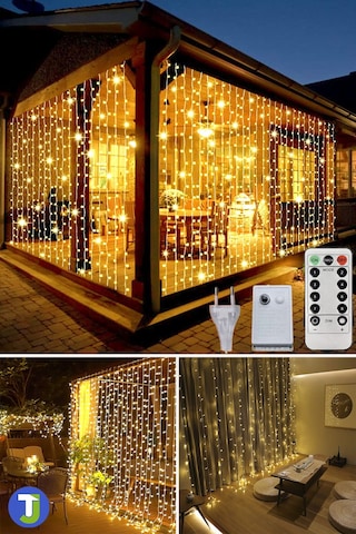 Technojet 2,5 x 2,5 M Kumandalı Perde LED 8 Modlu Kalın Kablolu 12 Saçak 180 LED Dekoratif Aydinlatma Parti organizasyon