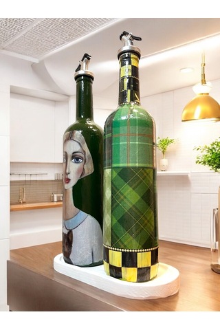 Vintage Sanat Desenli Retro Yeşil Cam Yağdanlık Seti-sirkelik Sosluk Seti- Ev Ve Mutfak Dekoru Yeşil