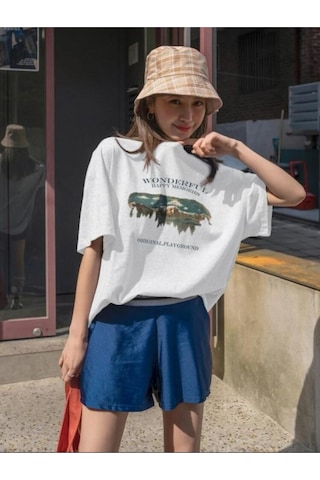 Kadin Beyaz Oversize Wonderful Baskılı T-shirt Beyaz