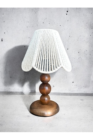 Makrome El Yapımı Bohem Ahşap Ayaklı Rustik Abajur Yatak Odası Salon Kafe Beyaz