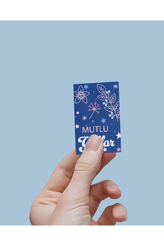 Yılbaşı Mutlu Yıllar Yazılı Hediye Kart Seti, Çiçek Temalı Paketleme Kartı, 25 Adet-6,5x10 Cm, Mavi