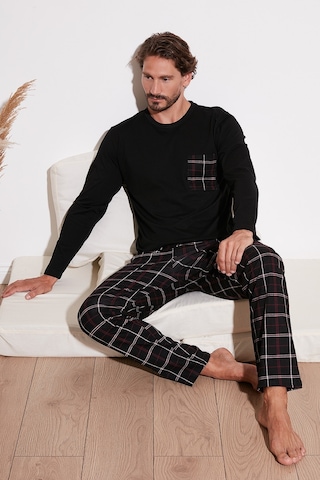 Buratti Ekoseli Cepli Beli Lastikli % 100 Pamuk Regular Fit Erkek Pijama Takımı 6572001 Siyah