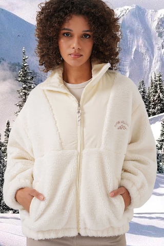 Gabria Baskılı Fermuarlı Peluş Mont Ekru
