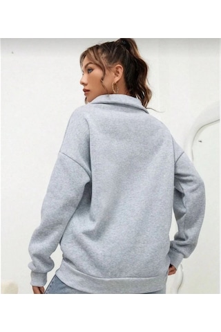 Mbb E-ticaret Kadın 3 İplik Pamuklu Uzun Kol Yarım Farmuarlı Yakalı Sweatshirt - Gri