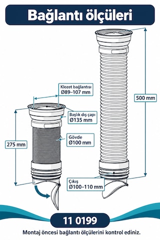 İz Yapı Düz Çekvalfli Körüklü Klozet Gider Borusu 275 500 Mm Çelik Telli Kada 11 0199 Beyaz