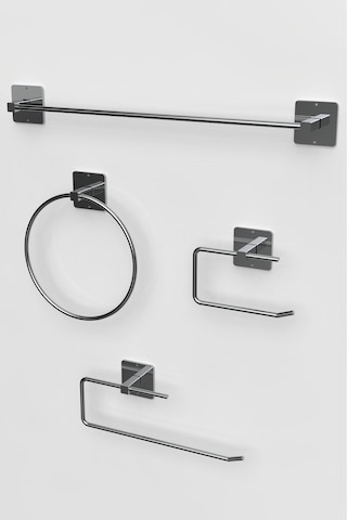 Karteya Yapışkanlı Gümüş Rulo Ve Uzun Havluluk Wc Kağıtlık Ve Çember Havluluk Banyo Mutfak 4'lü Set Krom