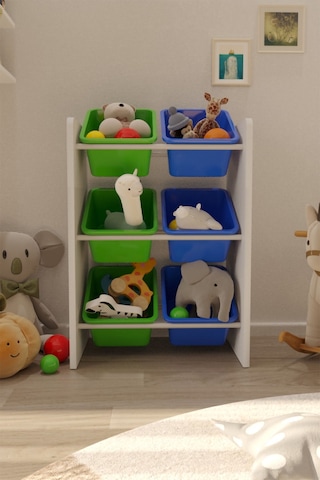 6 Sepetli Yeşil Ve Mavi Oyuncak Dolabı, Çok Amaçlı Dolap, Montessori Dolap Mavi-yeşil