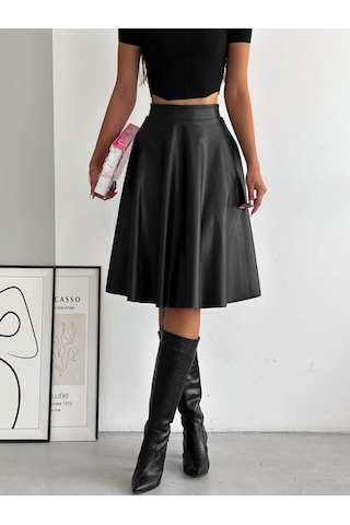 Ozy Fashion Siyah Yüksek Bel,içi Şardonlu,beli Lastikli,deri Kroşe Etek Siyah