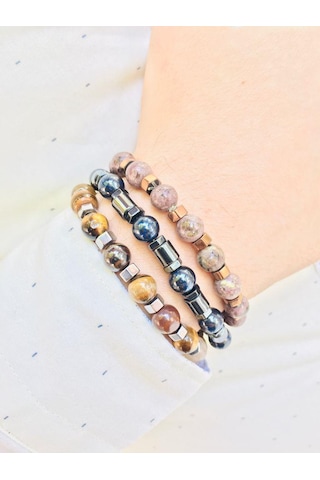 Nursaat Captiva Stell 3.Lü Set Doğaltaş Erkek Bileklik Seti N11.70197 Siyah