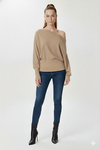 Fiolin Omuzu Açık Off Shoulder Triko Kazak Bej