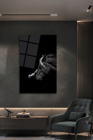 Siyah Beyaz At Ve İnsan Temalı Minimalist Cam Tablo Duygusal Modern Duvar Dekoru Portre Temalı Dekoratif Duvar Tablosu, Salon Ve Yatak Odası Dekoru,