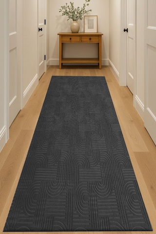 Raschel Carpet Bohem Koyu Gri Emboss Premium Seri Kaymaz Taban Jel Taban Halı Yolluk Antre Hol Gri
