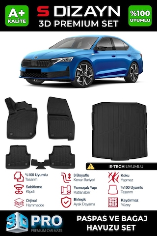 S-dizayn Skoda Octavia 4 A8 E-tech 3d Pro Havuzlu Paspas Ve Bagaj Havuzu Seti 2'li Set 2024 Üzeri