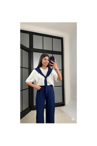 Miss Beyoğlu Kadın Şal Detaylı Basic Tshirt Beli Lastikli Pantolon İkili Eşofman Takımı Lacivert