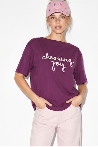 Shade Kadın Nakışlı Yazı İşlemeli Kayık Yaka T-shirt 60382604 - Mor