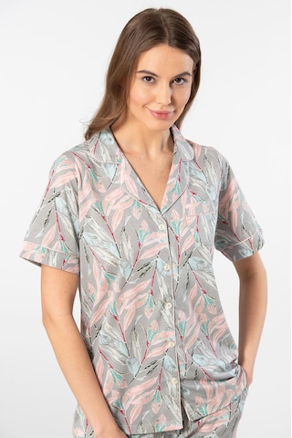 Türen 3394 Kadın Yapraklı Desenli Uzun Kollu Gömlek Yaka Pijama Takımı-gri Gri