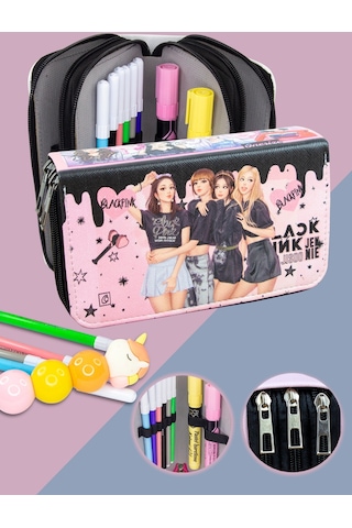 Kalem Kutusu Black Pink Blink Orginazer Vegan Deri Üç Bölmeli K