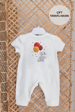 Lilabio %100 Organik Isme Özel Isimli Yazlık 10lu Hastane Çıkışı Fil Ve Kırmızı Balonlar Ekru