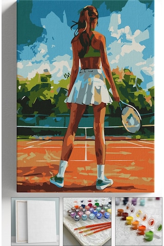 Sayılarla Boyama Seti Numaralı Tuval Fırça Boya Askı Aparatı Dahil Set 40x50 Cm - Tenis Kızı