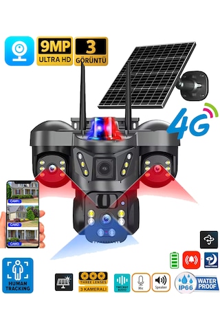 V380 Pro On-sg4366 9mp 3+3+3 Üç Kameralı Ultrahd 4g Güneş Enerjili Akıllı Güvenlik Kamerası