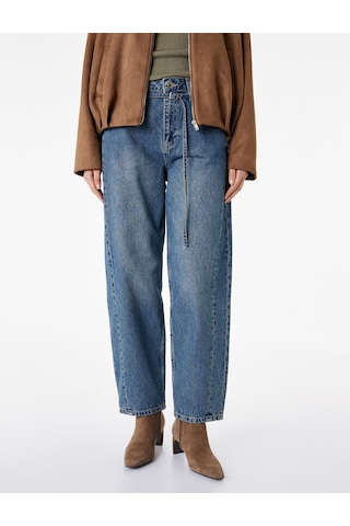 Koton Pamuklu Kemerli Dikiş Detaylı Rahat Kalıp Düz Paça Denim Pantolon - Ballon Jeans Orta İndigo 6sal40117md İndigo