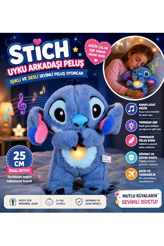 Stich Uyku Arkadaşı Peluş 25 Cm Işıklı Ve Sesli Sevimli Peluş Oyuncak Mavi