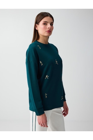Jimmy Key Jimmy Key Koyu Yeşil Bol Kesim Uzun Kollu Desenli Sweatshirt 6sw237193320