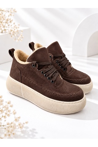 Dabab Shoes Nolen Kadın Acı Kahve Bağcıklı Lüks Süet İçi Kürklü 4 Cm Kalın Taban Sneaker Spor Ayakkabı Kahverengi